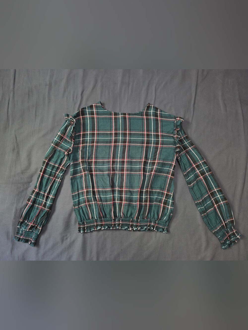 Plaid Green Long-Sleeve Smocked Hem Top